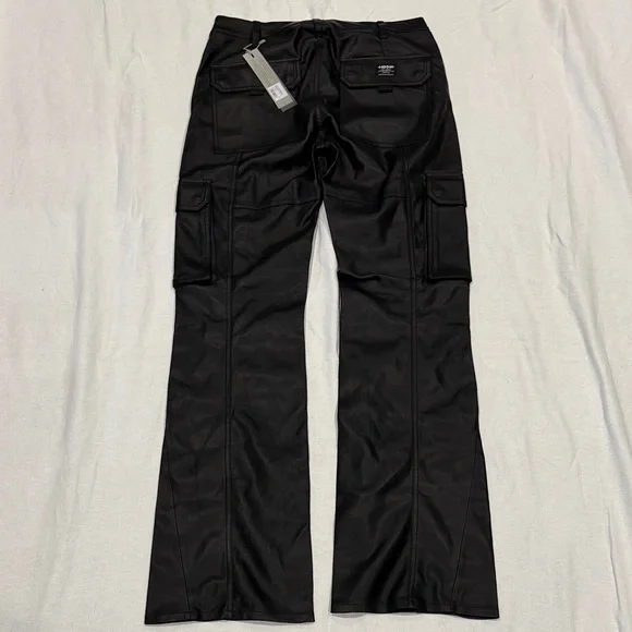 Men's Hudson Faux Leather Black Walker Kick Flare Cargo Pants New Size 30